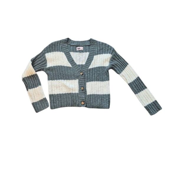 SO Women's Sage Green & White Cotton/Acrylic Striped Sweater Ribbed Knit Button - Picture 1 of 9